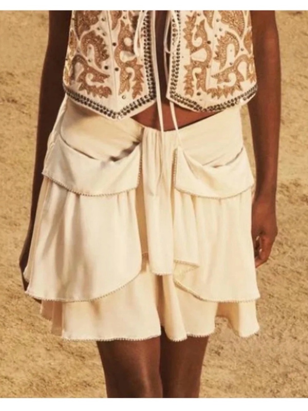 ZARA STUDIO | Ecru Viscose Ruffled Pocket Skirt with Beaded Trim - Picture 2 of 9